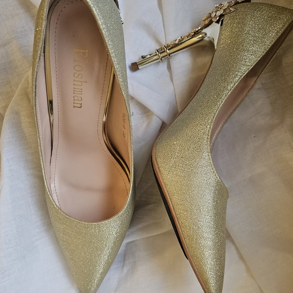 Gold Embellished Women's Evening Heels - Picture 6 of 7